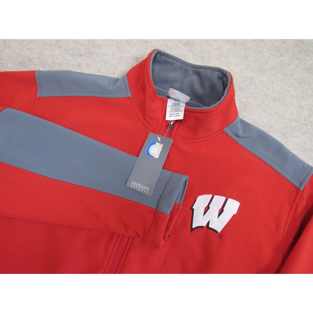 Knights Apparel Wisconsin Badgers Jacket Mens Large Red Grey Softshell Full Zip